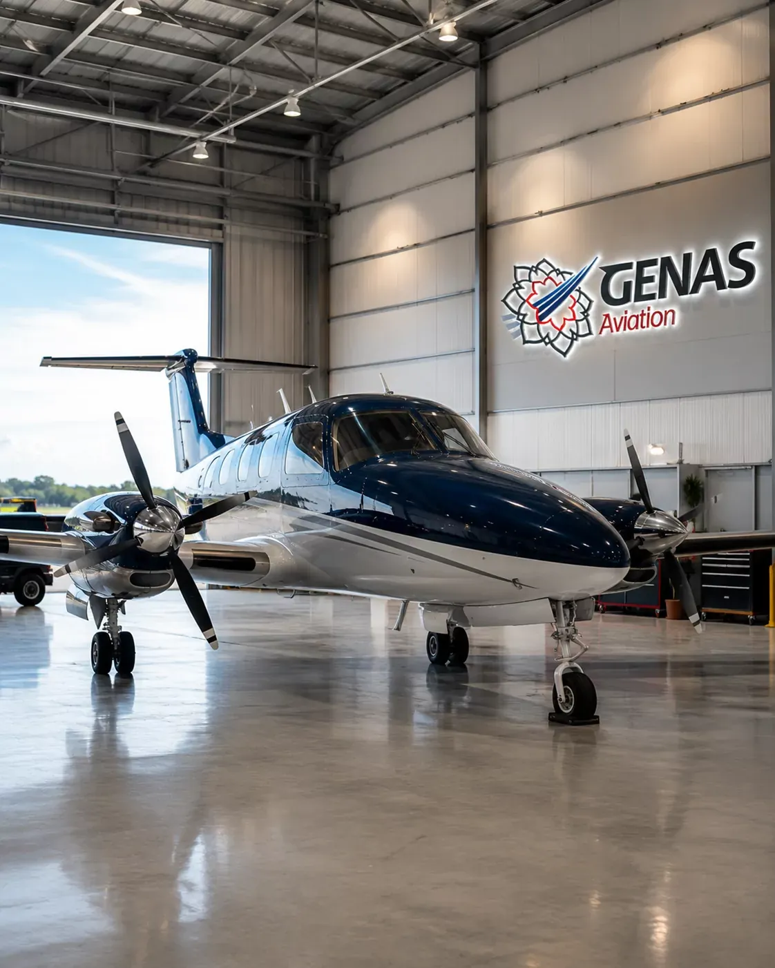 GENAS Aviation aircraft inside a modern hangar