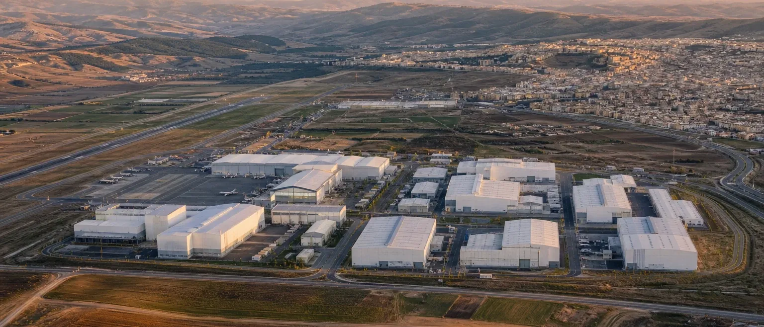Aerial view of Fès-Saïss aerospace campus and surrounding Moroccan landscape
