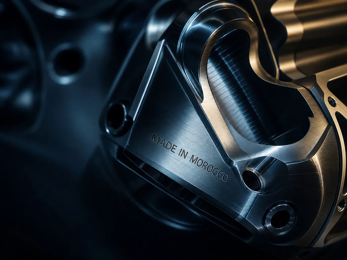 Precision aerospace component engraved Made in Morocco on brushed titanium