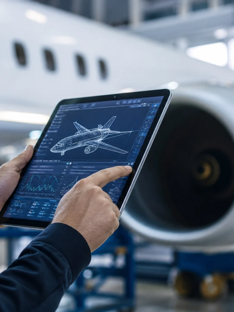 Aerospace engineer using digital diagnostics tablet beside an aircraft engine in a modern hangar